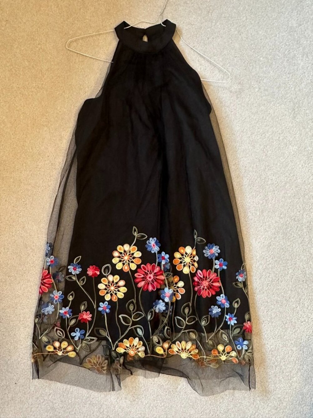 GLIGET Black Floral Embroidered Halter Dress A-Line Mini Boho Summer